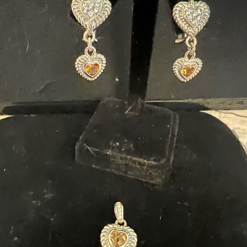 Judith Ripka Silver and Gold Heart Earrings and Enhancer with citrine stones